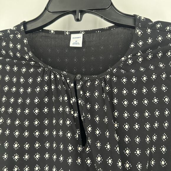 Old Navy Defined Waist Dress Black White Print Long Balloon Sleeves Keyhole Sz M - Picture 3 of 10